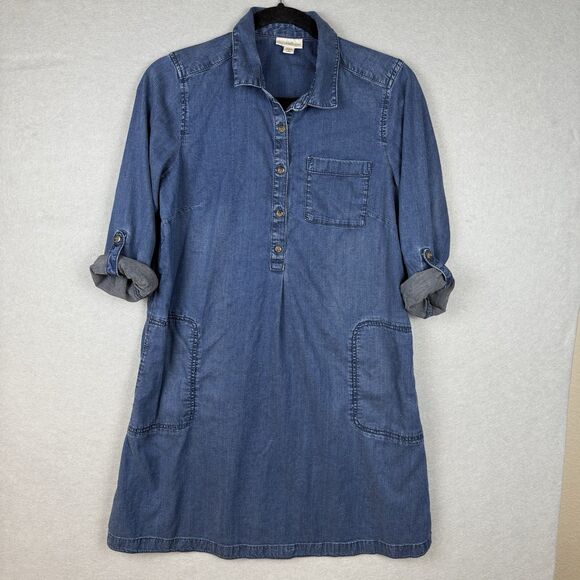 J. Jill Denim Sz S Petite Denim Roll Tab Sleeve Button Up Shirt Dress Pockets - Picture 1 of 4